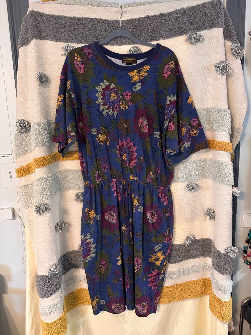 Vintage Eddie Bauer Cotton Floral Elastic Waist Knit Dress Blue Multi - XL